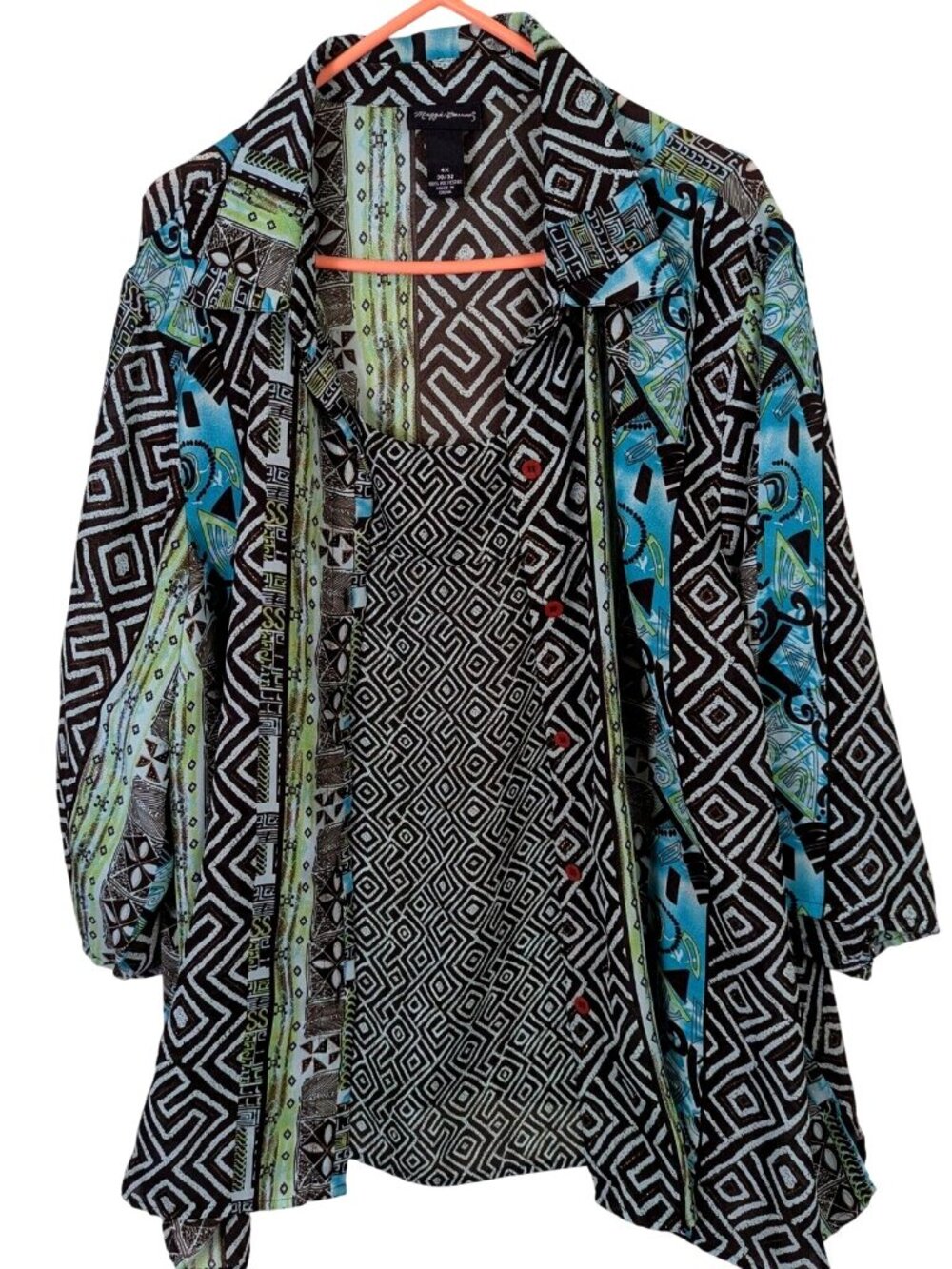 Maggie Barnes Plus 4X Tribal Art to Wear Mock 2 in 1 Look Button Up Blouse Top